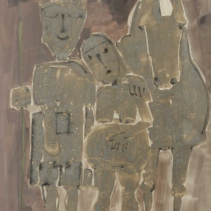 Giovanni Nonnis, Guerriero - la moglie incinta e il cavallo, 1962, tempera su carta - CCIAA - ph Confinivisivi